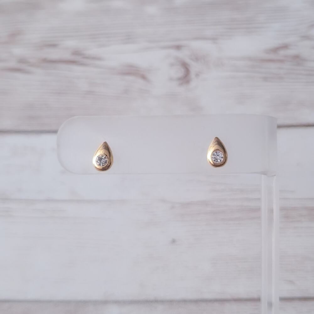 Vintage Stud Earrings Gold Tone & Clear Gem Teardrop Small & Dainty